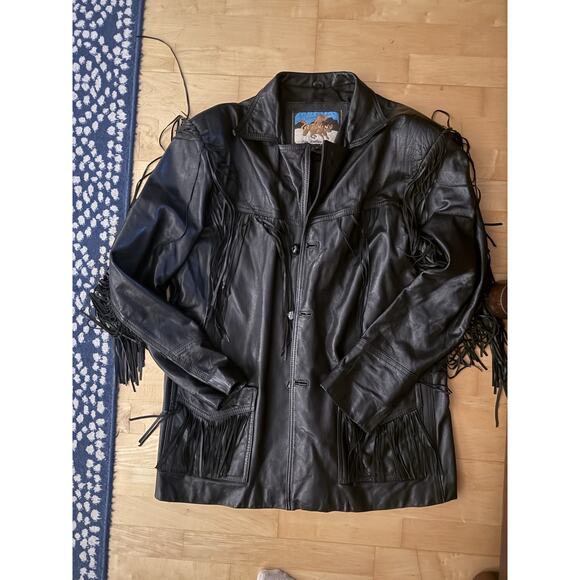 VTG geronimo leather jacket black fringe western Buttons Mexico XL - Picture 2 of 6